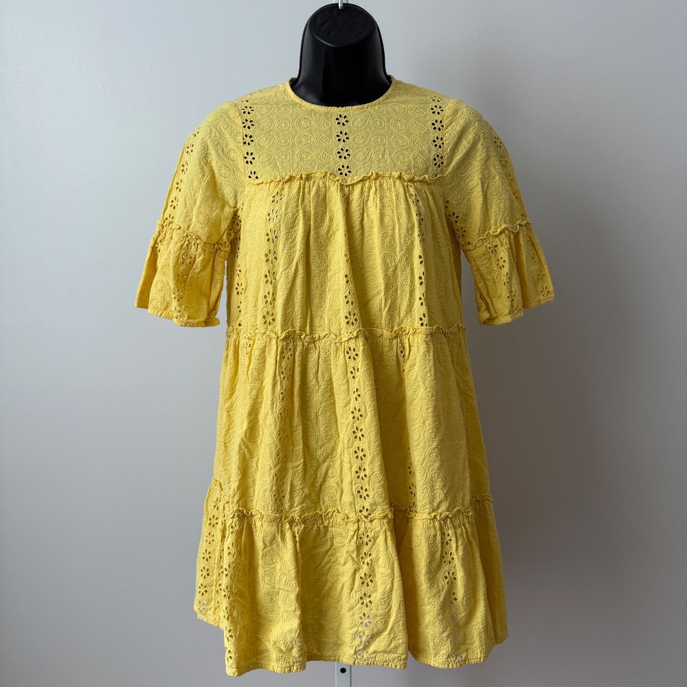 Prose & Poetry Cotton Boho Prairie Eyelet Tiered Babydoll Mini Dress XS Yellow